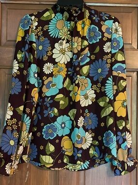 Brown Floral Smocked Neck Blouse with Teal & Gold Flowers. Retro Brand New Med